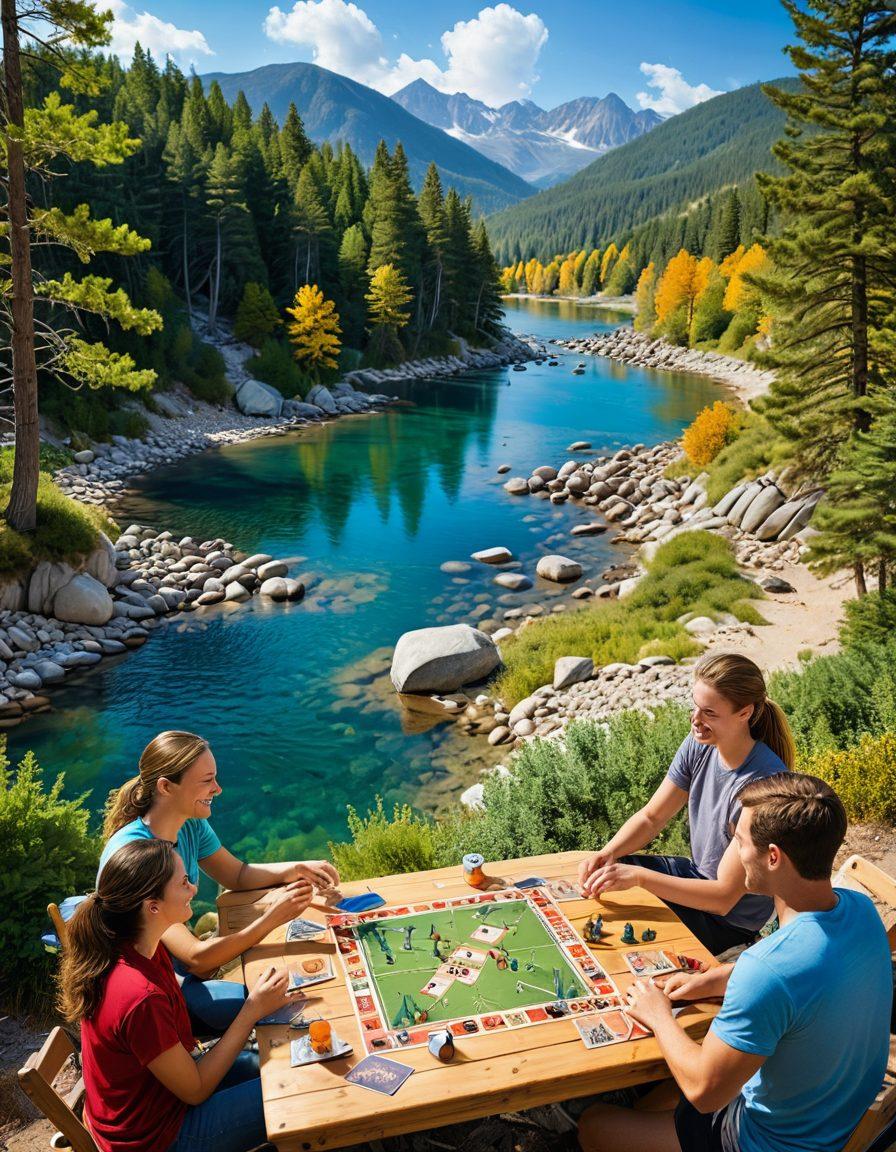 A vibrant scene of friends playing various outdoor and indoor games, such as board games, volleyball, and hiking, set in picturesque landscapes with lots of joy and laughter. Include elements like game boards, sports equipment, and scenic trails. The image should evoke excitement and fun. super-realistic. vibrant colors.