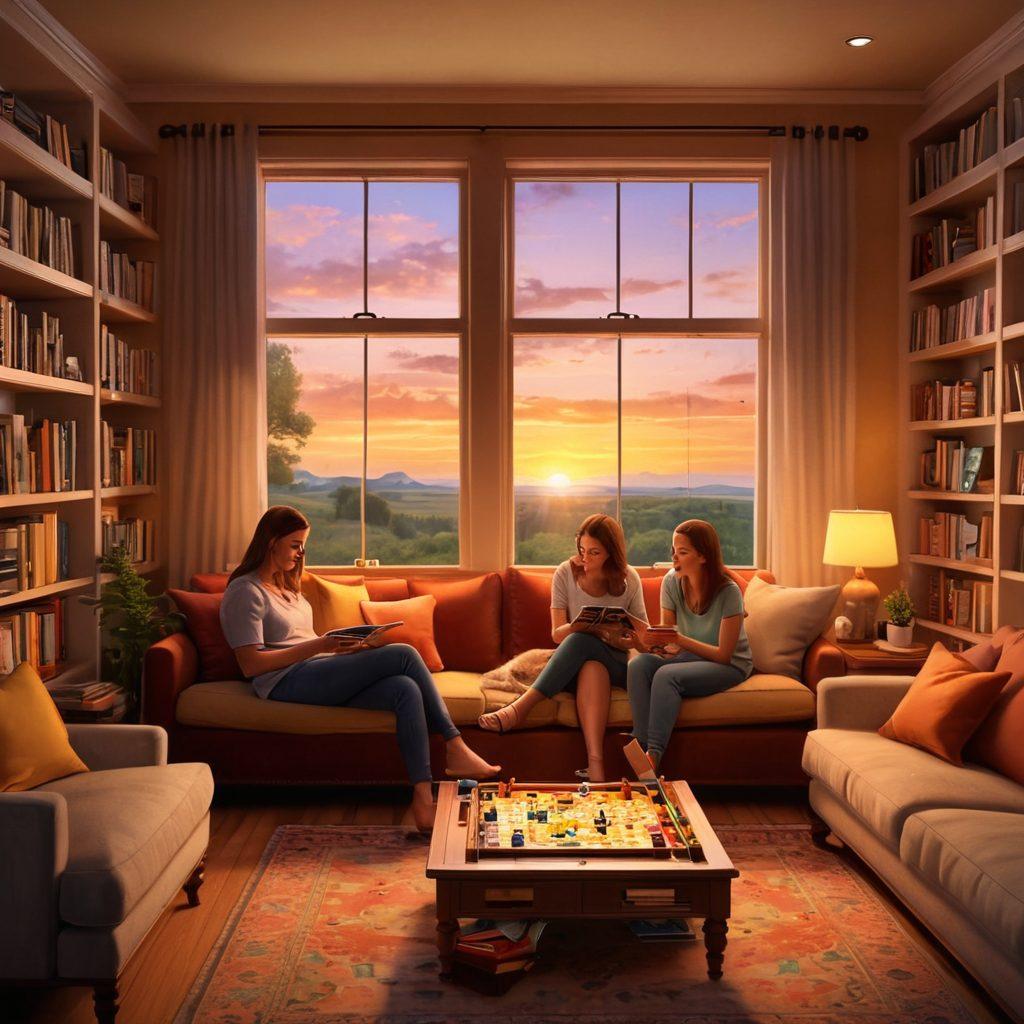 A cozy living room with family and friends gathered around a game board, laughing and talking. In the background, a stereo playing soft music, shelves filled with books and photo frames of happy moments. Through the window, a calm sunset casts a warm glow. Super-realistic. Vibrant colors.